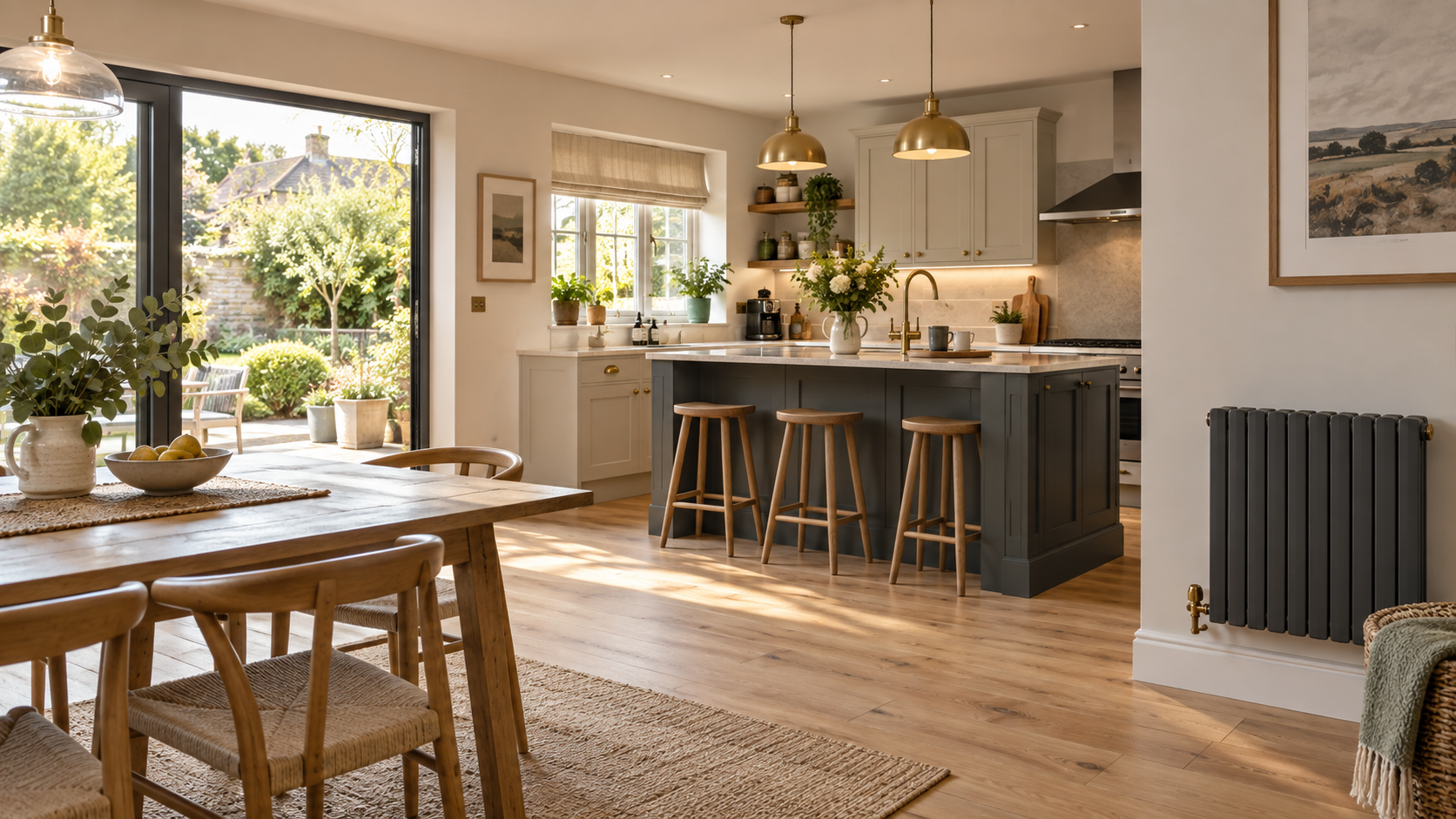 Warm modern family kitchen with radiator