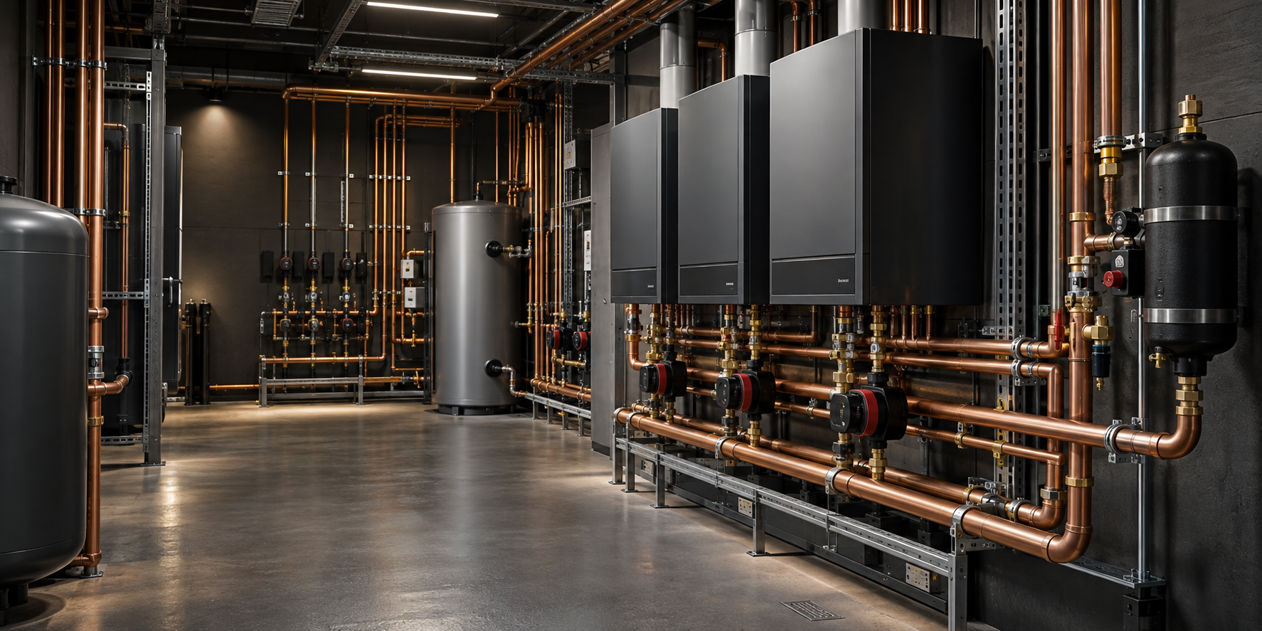 Modern commercial mechanical plant room with copper pipework